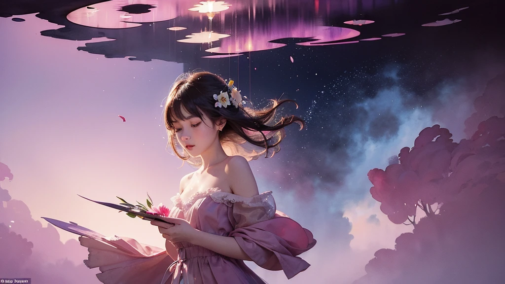 One girl,flower, Lisianthus ,Pale pinkと淡い青のスタイル, A dreamy, romantic piece, Pale pink, Mysterious Leaves, A playful arrangement,Fantasy, High Contrast, Ink strokes, explosion, Exposure, Impression of purple and red tones , Abstract, ((Watercolours by John Berkey and Jeremy Mann )) Brush strokes, Negative Space,