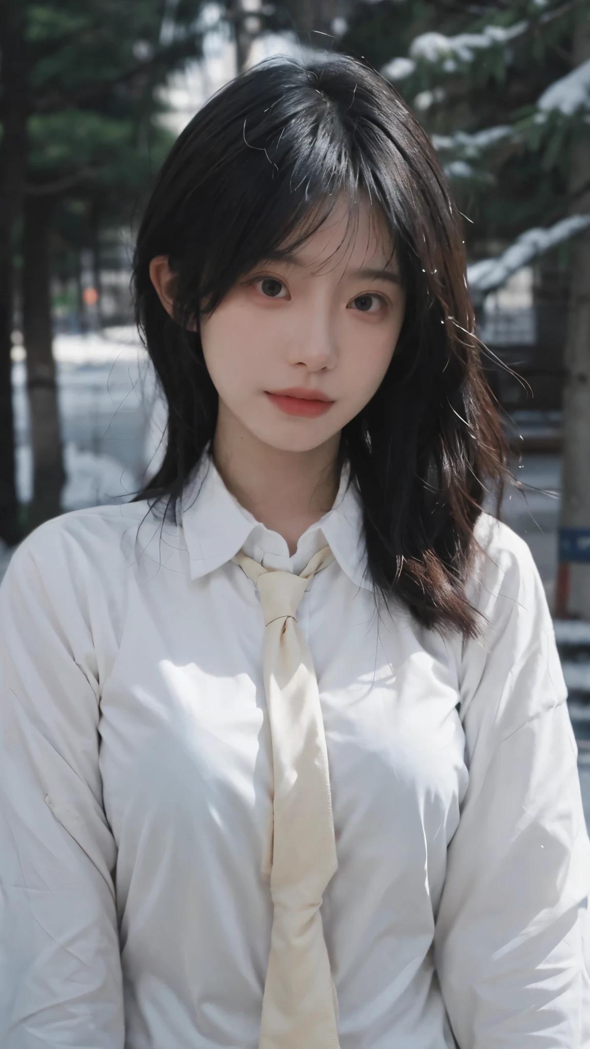 Best quality,masterpiece,Ultra-high resolution,snow,16K,Snow background,(Photo Realism:1.4),1 Girl,JK,Sexy,(Shirt and Tie:1.2),(Big breasts:1.3),(Upper body:1.4)