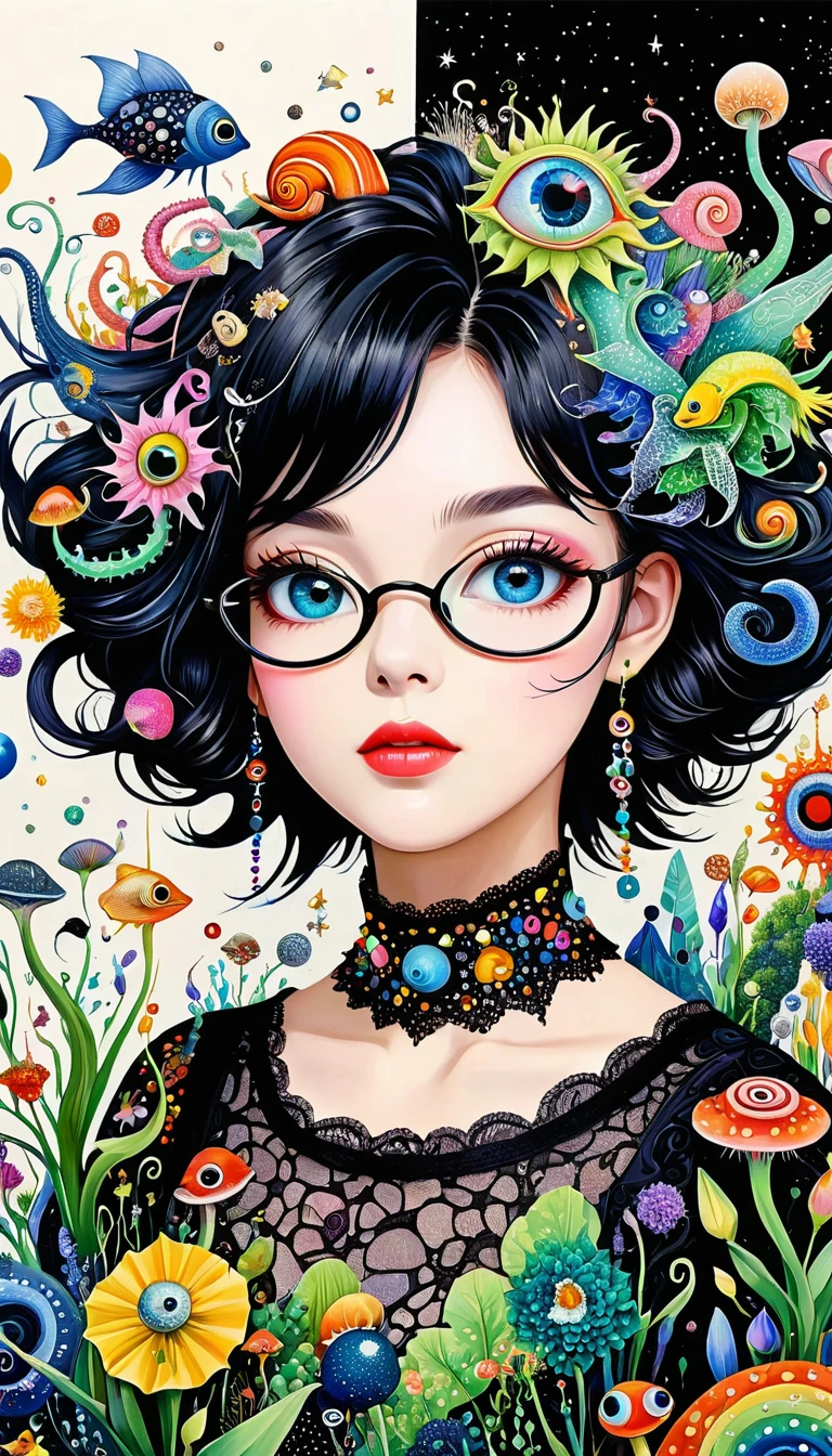 Three-dimensional painting。小女巫头上的snails房子，Exaggerated plant glasses。Black layered lace collar。。Spiky hair，Artists from the stars，Colorful black，A world of color，Dopamine，mouth，A cloud、snails、iris、fish、Tentacles、bird、Eye、diatom，Abstract mosaic painting，Describing the inner world of autism，Sense of space，White Space，interesting，Innocence，Psychedelic Art，Black overall