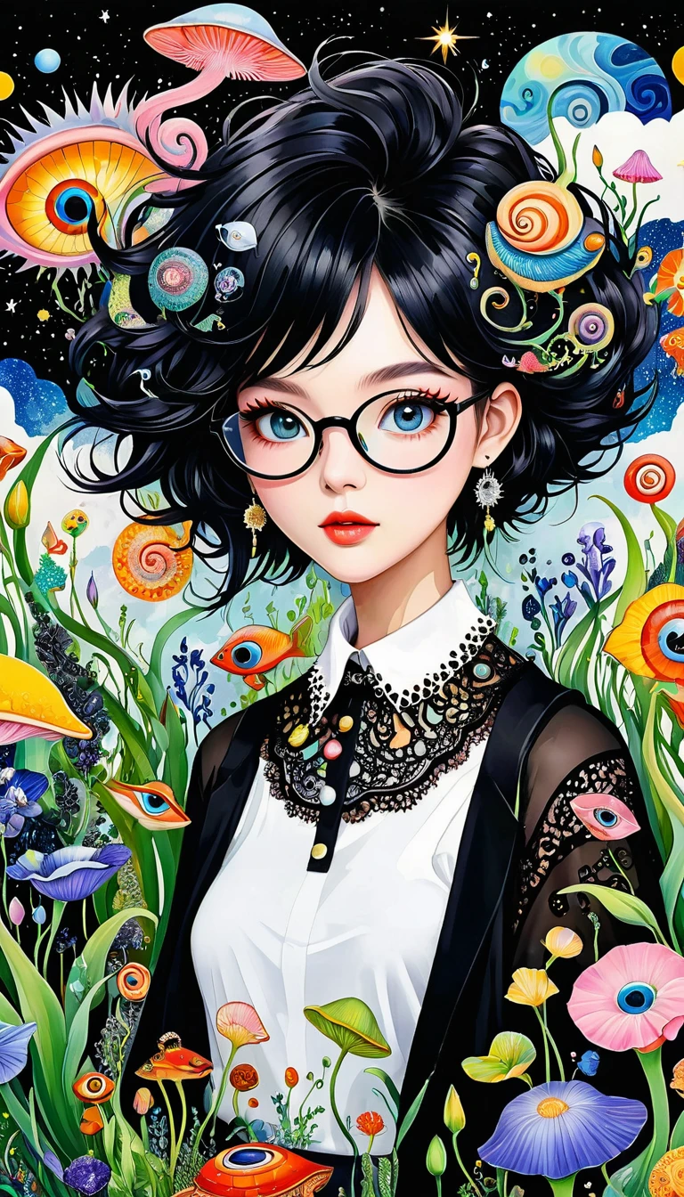 Three-dimensional painting。小女巫头上的snails房子,Exaggerated plant glasses。Black layered lace collar。。Spiky hair,Artists from the stars,Colorful black,A world of color,Dopamine,mouth,A cloud、snails、iris、fish、Tentacles、bird、Eye、diatom,Abstract mosaic painting,Describing the inner world of autism,Sense of space,White Space,interesting,Innocence,Psychedelic Art,Black overall