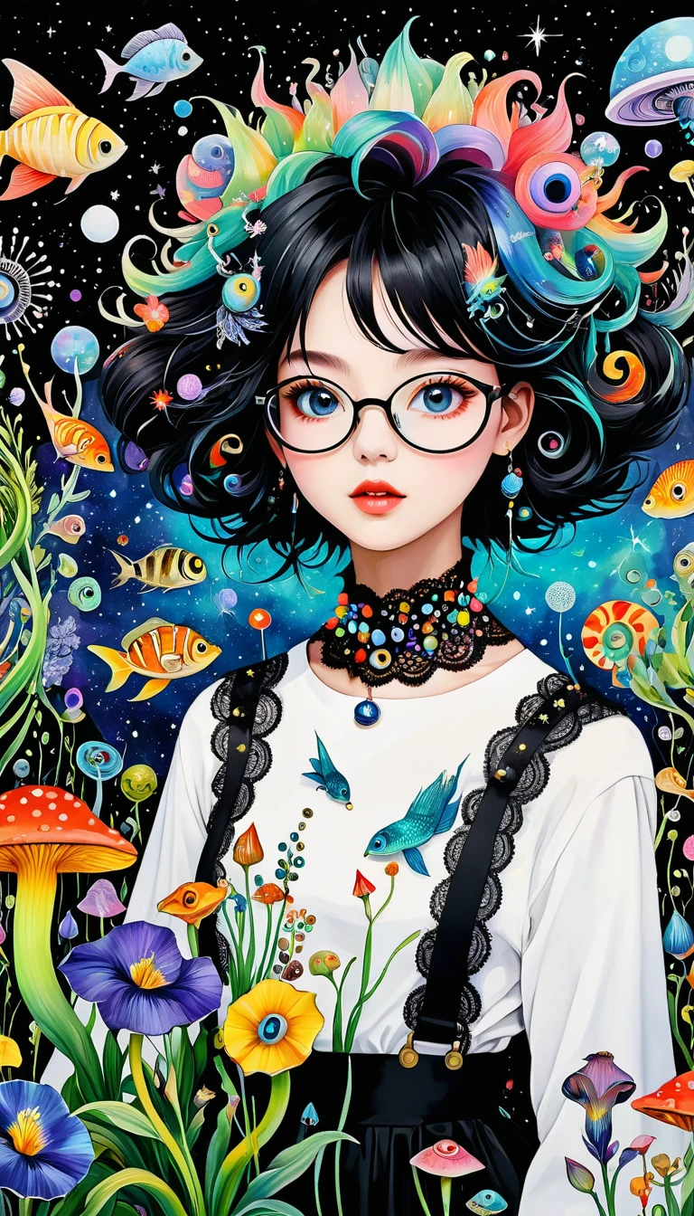 Three-dimensional painting。小女巫头上的snails房子,Exaggerated plant glasses。Black layered lace collar。。Spiky hair,Artists from the stars,Colorful black,A world of color,Dopamine,mouth,A cloud、snails、iris、fish、Tentacles、bird、Eye、diatom,Abstract mosaic painting,Describing the inner world of autism,Sense of space,White Space,interesting,Innocence,Psychedelic Art,Black overall