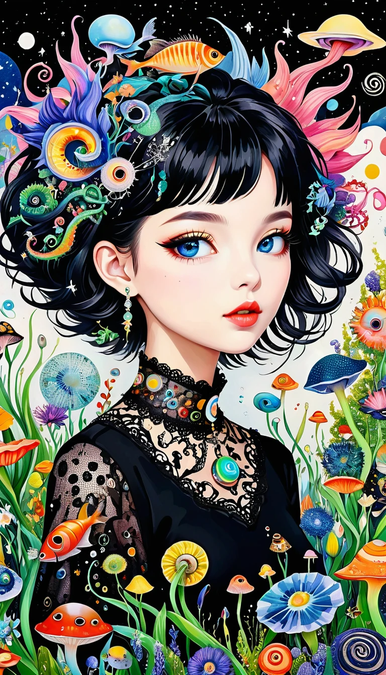 Three-dimensional painting。小女巫头上的snails房子,Exaggerated plant glasses。Black layered lace collar。。Spiky hair,Artists from the stars,Colorful black,A world of color,Dopamine,mouth,A cloud、snails、iris、fish、Tentacles、bird、Eye、diatom,Abstract mosaic painting,Describing the inner world of autism,Sense of space,White Space,interesting,Innocence,Psychedelic Art,Black overall