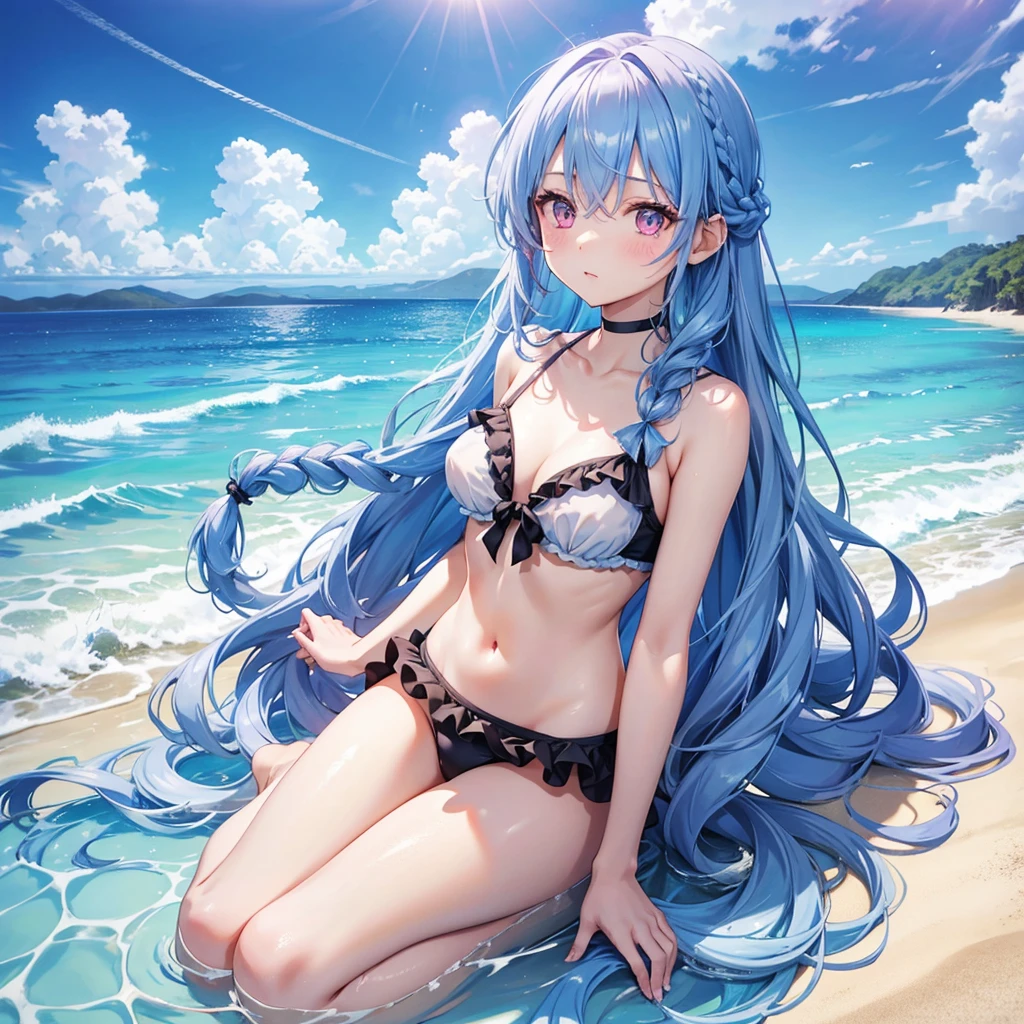 (Sky blue medium hair),(Braided hair tied together)、Pink eyes、Fair skin、(whole body)、(One Girl)、Black frilly swimsuit、Stylish sunglasses、Shining white sand beach in midsummer、Okinawa's ocean、A big smile、、(masterpiece、Highest quality、Very detailed、Best Shadow)、(Detailed Background)、(Beautifully detailed face)、High contrast、(Best lighting、Very delicate and beautiful)、((Cinematic Light))、colorful、Hyper Detail、Dramatic Light、Exquisite detail、Standing with your legs apart