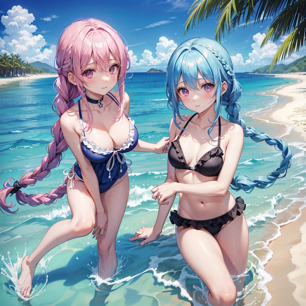 (Sky blue medium hair),(Braided hair tied together)、Pink eyes、Fair skin、(whole body)、(One Girl)、Black frilly swimsuit、Stylish sunglasses、Shining white sand beach in midsummer、Okinawa&#39;s ocean、A big smile、、(masterpiece、Highest quality、Very detailed、Best Shadow)、(Detailed Background)、(Beautifully detailed face)、High contrast、(Best lighting、Very delicate and beautiful)、((Cinematic Light))、colorful、Hyper Detail、Dramatic Light、Exquisite detail、Standing with your legs apart