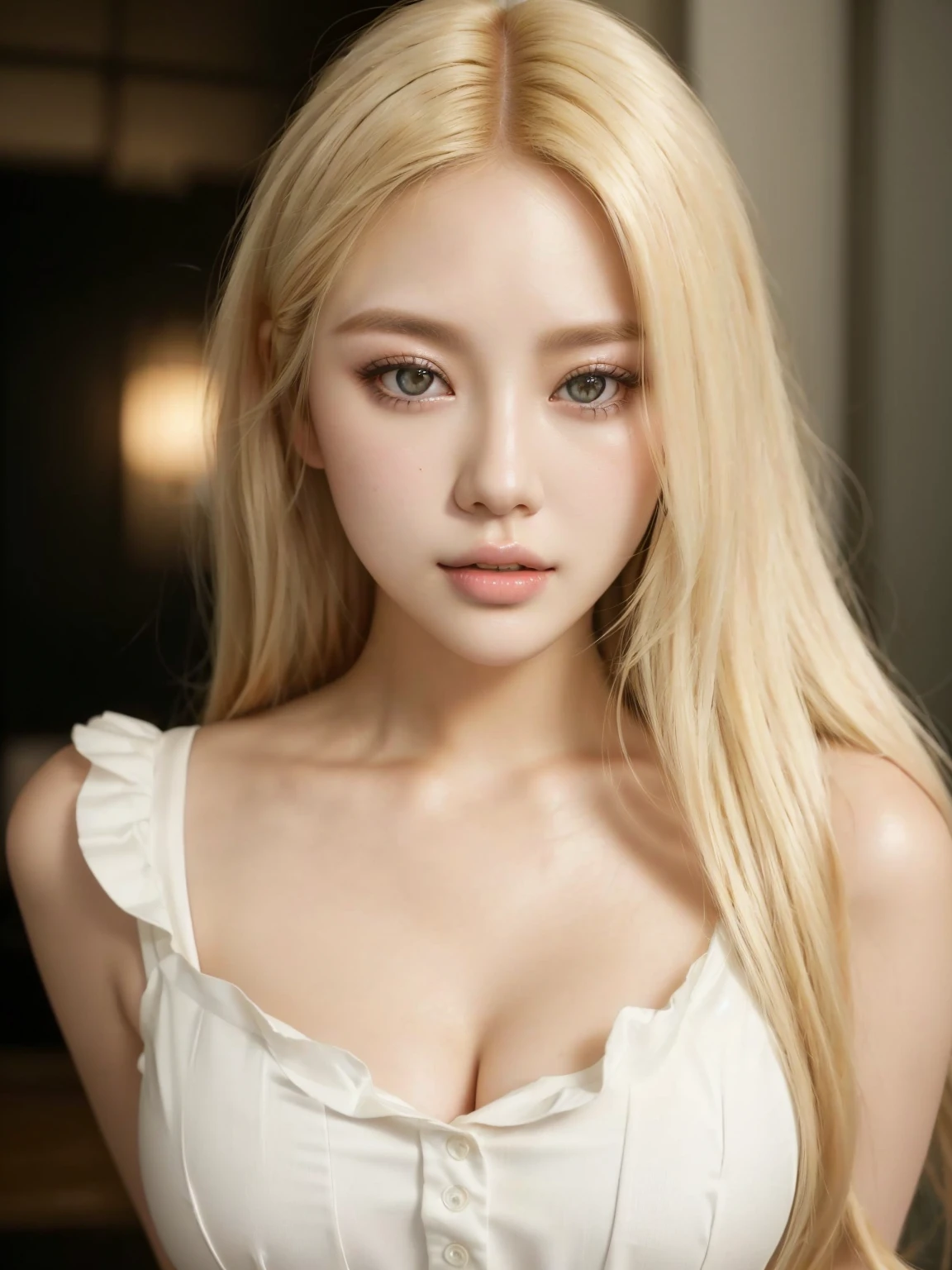 a close-up of a woman with long blonde hair and a white blouse, beautiful south mulher korean, korean, gorgeous young mulher korean, beautiful young mulher korean, long blonde hair and big eyes, beautiful asian girl, parque roseanne de blackpink, Beautiful blonde girl, mulher korean, long blonde hair and big eyes, very light blonde hair, A girl with blonde hair, big boobies