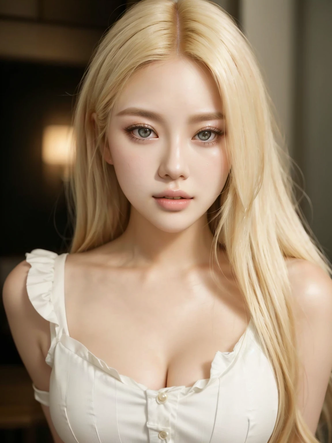 a close-up of a woman with long blonde hair and a white blouse, beautiful south mulher korean, korean, gorgeous young mulher korean, beautiful young mulher korean, long blonde hair and big eyes, beautiful asian girl, parque roseanne de blackpink, Beautiful blonde girl, mulher korean, long blonde hair and big eyes, very light blonde hair, A girl with blonde hair, big boobies
