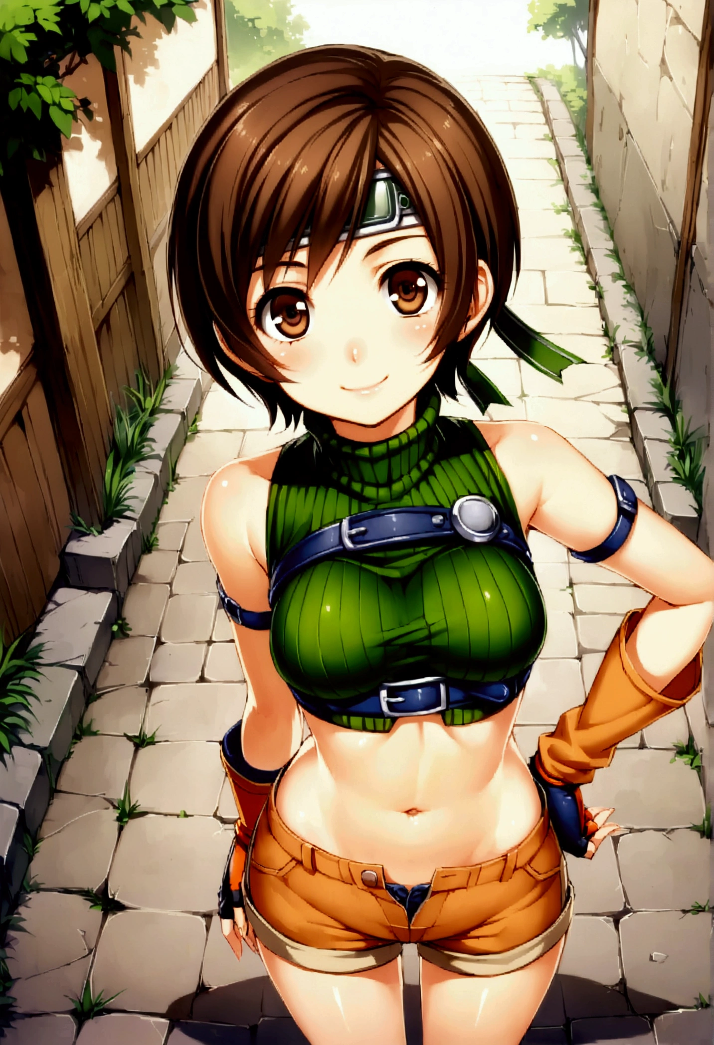 score_9, score_8_up, score_7_up,,BREAK , ,from above,front view,front angle,,standing,contrapost,upperbody ,,straight-on,Solo,1girl, yuffie kisaragi, final fantasy,,short hair,headband,navel,sleeveless,turtleneck,brown eyes,sleeveless turtleneck,solo,breasts,looking at viewer,smile,gloves,crop top,brown hair,shorts,midriff,sweater,open fly,fingerless gloves,ribbed sweater,medium breasts,,beautiful waist ,,light smile,,hand on own hip,daytime,outdoor,ultra detailed,best quality,aesthetic,very aesthetic,(mid:1.2)