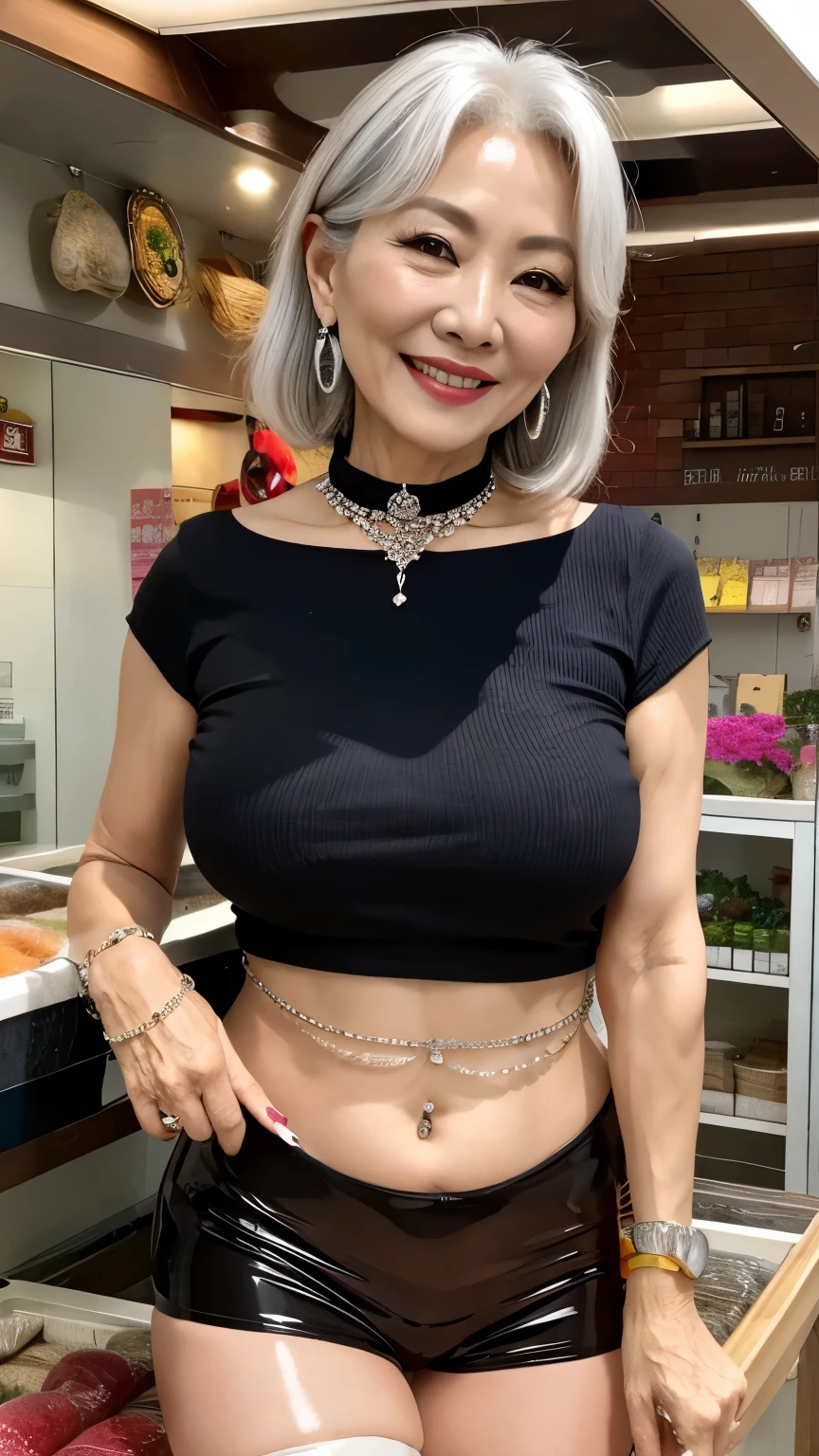 60 years old mom milf Korean, Lady large earring Big choker navel piercing decoration A bracelet Silver Hair realisitic Gorgeous Madame Beautiful Mature Woman sexly Smile Gentle woman navel piercing 4K High quality fish shop Fish Market sale Black leather pleated skirt