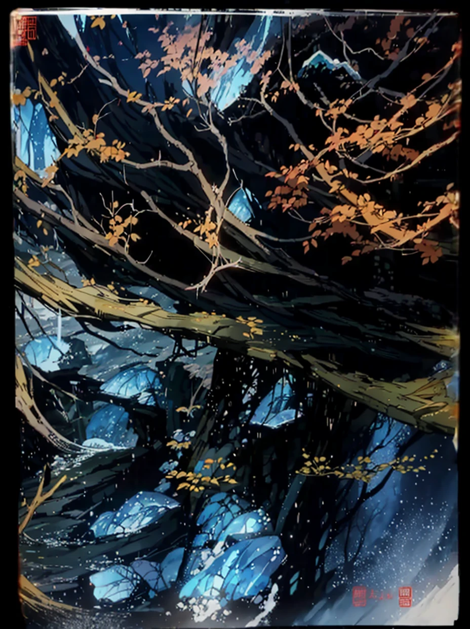The picture is the scenery of Xian Ni Wuxia animation style。turbulent weather,terrain changes,The colors are distinct and blended,Clear changes in light and shadow,Silky smooth and delicate watercolor painting