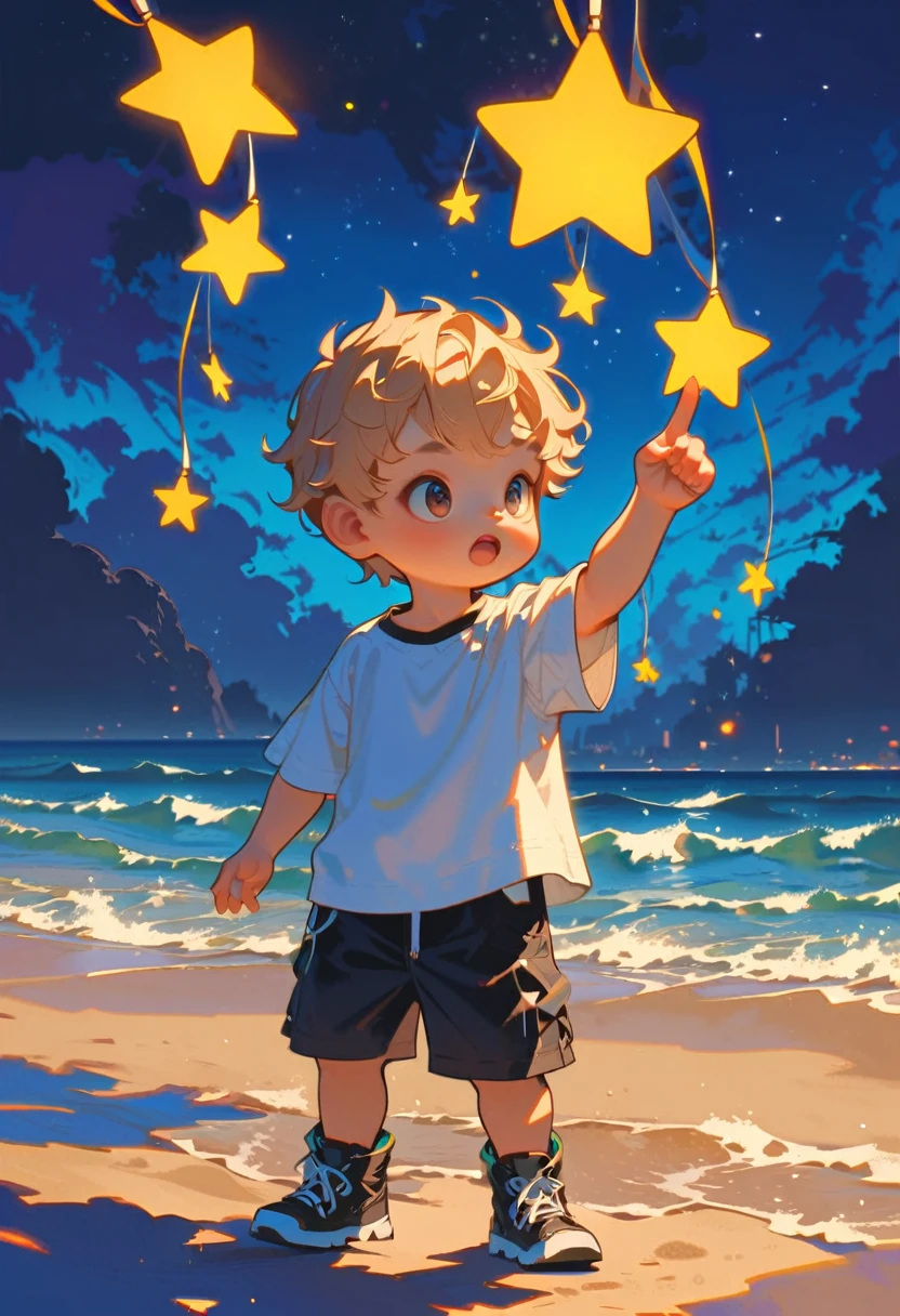Style 9,1 little boy,Ocean,Ocean Beach,night,Holding many stars