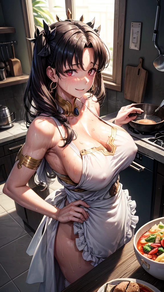 (Mature Woman:1.5), (mother:1.5), Ishtar, Fate Grand Order, (absurderes, 8K, 4K, masutepiece, hyper extreme detailed:1.2), Best Quality, Perfect Anatomy,Perfect face,Facing forward,High humidity, (alone:1.2), (Sweaty:1.3), shortness of breath, High humidity, humid, (Black Hair:1.1), Red eyes, Looking into the camera, (Very large breasts:1.5), Light clothing, apron, (kitchen;1.1), (Having a conversation:1.5), (Speech bubble:1.2), A kind smile, relief, peace of mind, mother性, Cooking, have a ladle, pot, pot-au-feu