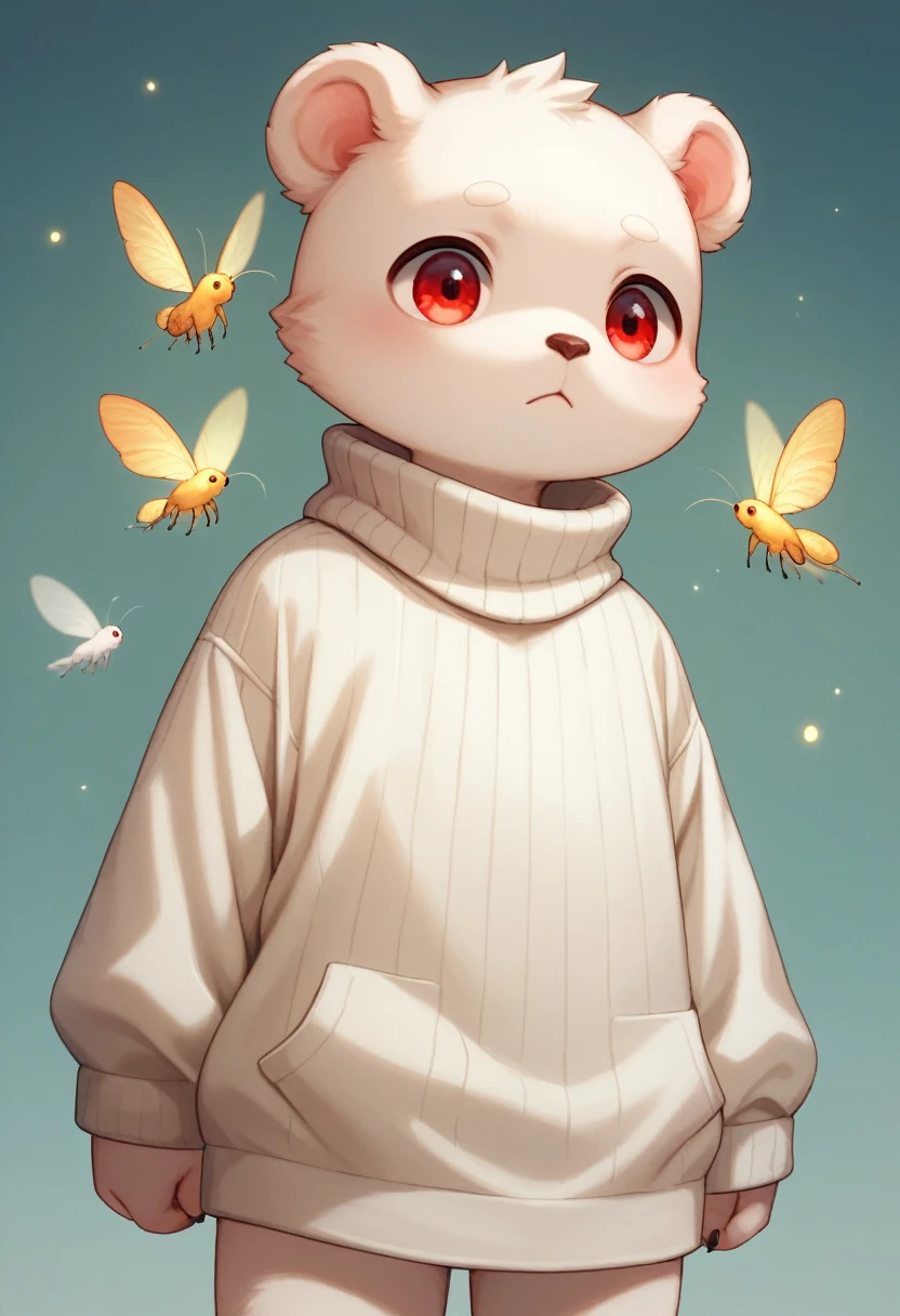 surrounded by fireflies, Furry cub Shota polar bear , albino white bear, Loose Turtleneck Sleeveless Sweater, Red eyes, mini height short boy, dynamic posture, dynamic angle, genius boy, spongy,