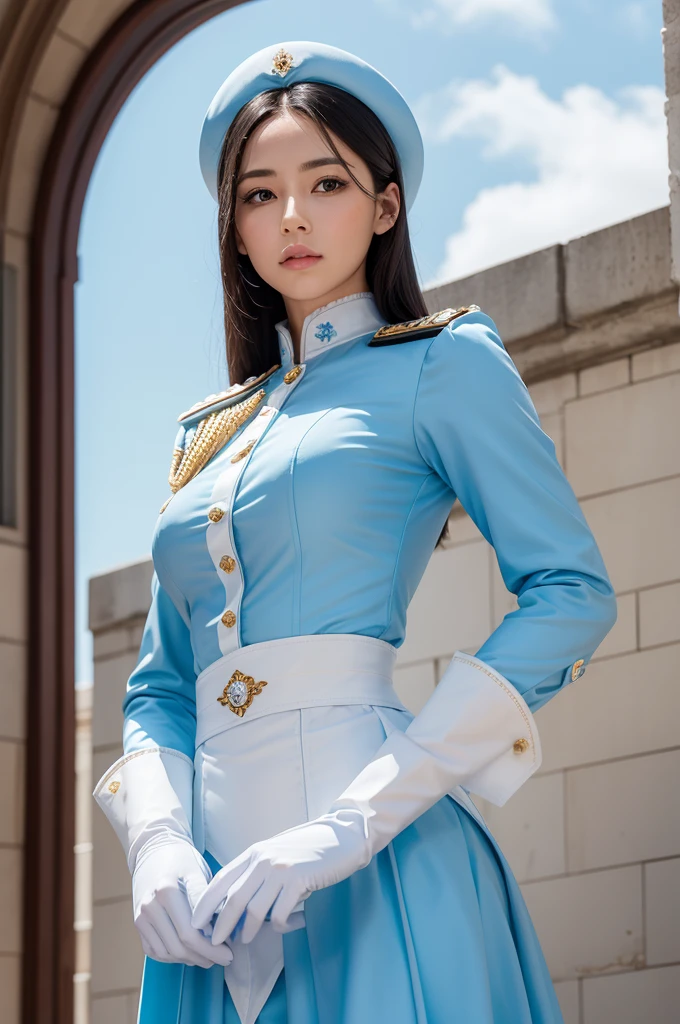Woman royal guard, dressed in a sky blue long sleeve blouse and white gloves