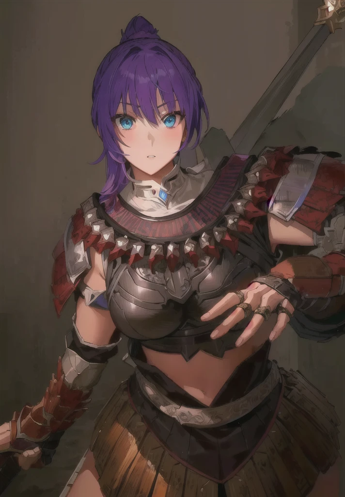 Wearing armor、Anime image of a woman holding a spear, Armor Girl, wearing monster hunter armor, With scaly armor, wearing dark Purple Armor, Purple Armor, wearing monster hunter armor, A very beautiful berserker woman, Anime Fantasy Artwork, Epic RPG portrait, Detailed anime character art, Detailed digital anime art，Three Kingdoms志，Three Kingdoms。big boods，big ，huge ，sex body，Purple Hair，Blue Eyes，Black Leather