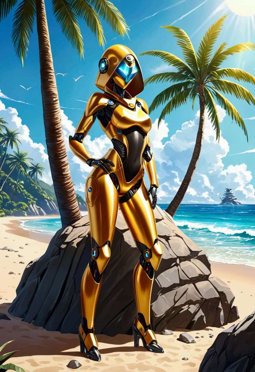 (best quality,highres),robot girl at the beach, large metal hips, wearing a hood with a cape, perched on a rock, near a palm tree, exposed mechanical thighs, butt, cool robotic mask, cyclops, shiny metallic surface, vibrant colors, warm sunlight, sparkling ocean waves, sandy beach, tropical atmosphere, strong and confident pose, futuristic technology, realistic details, intricate designs, beautiful reflection, serene environment, fart lazer