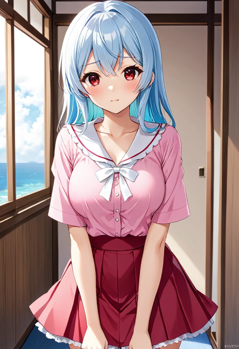 My name is Yukiko., I am a white test ,with light blue  hair, red eyes and I am 138 cm tall and weigh 34 kg. My breasts measure 160 cm, my waist measures 20 cm and my hips measure 60 cm. Dressed in a pink blouse and short red skirt . With breasts 160 cm