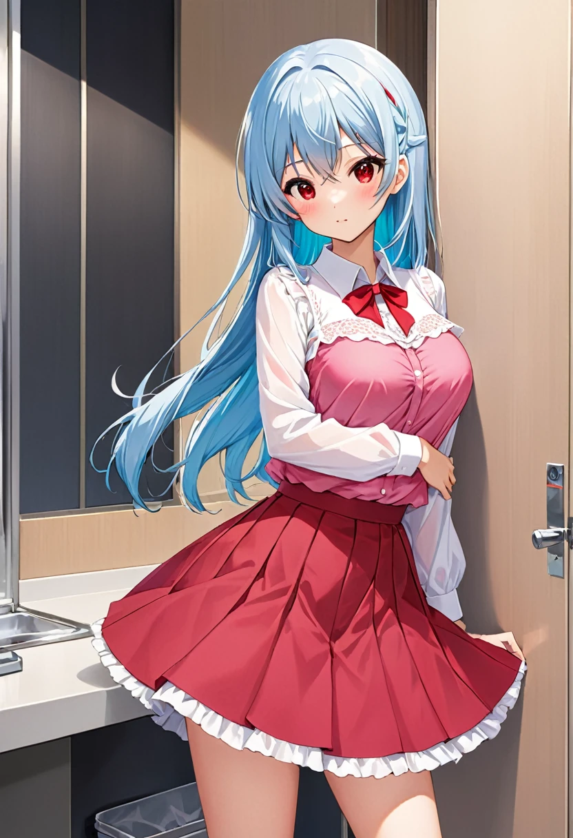 My name is Yukiko., I am a white test ,with light blue hair, red eyes and I am 138 cm tall and weigh 34 kg. My breasts measure 160 cm, my waist measures 20 cm and my hips measure 60 cm. Dressed in a pink blouse and short red skirt . With breasts 160 cm
