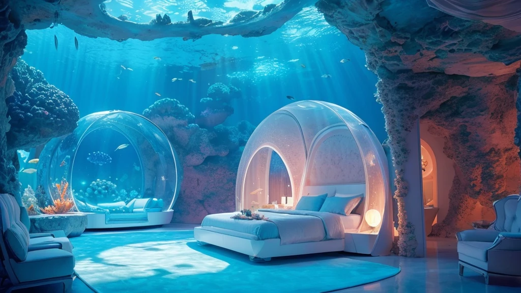 A futuristic underwater bedroom encapsulated in a transparent, glowing dome. The bed is elegantly designed, surrounded by soft blue lighting and suspended above a vibrant coral reef. Fish are swimming around the dome, creating a serene and otherworldly atmosphere. The scene is illuminated with soft, ethereal light, highlighting the intricate details of the coral and marine life below.