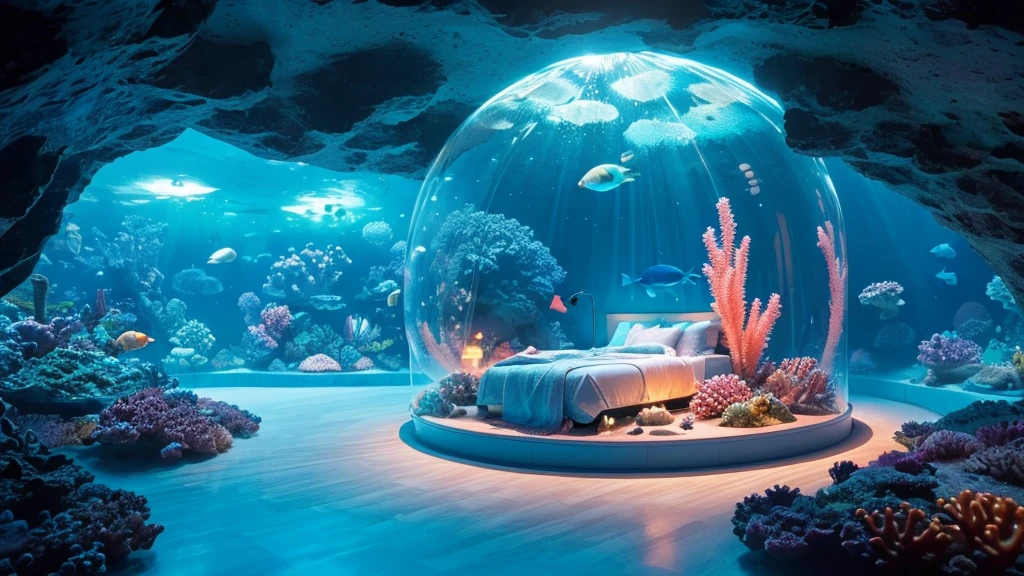 A futuristic underwater bedroom encapsulated in a transparent, glowing dome. The bed is elegantly designed, surrounded by soft blue lighting and suspended above a vibrant coral reef. Fish are swimming around the dome, creating a serene and otherworldly atmosphere. The scene is illuminated with soft, ethereal light, highlighting the intricate details of the coral and marine life below.