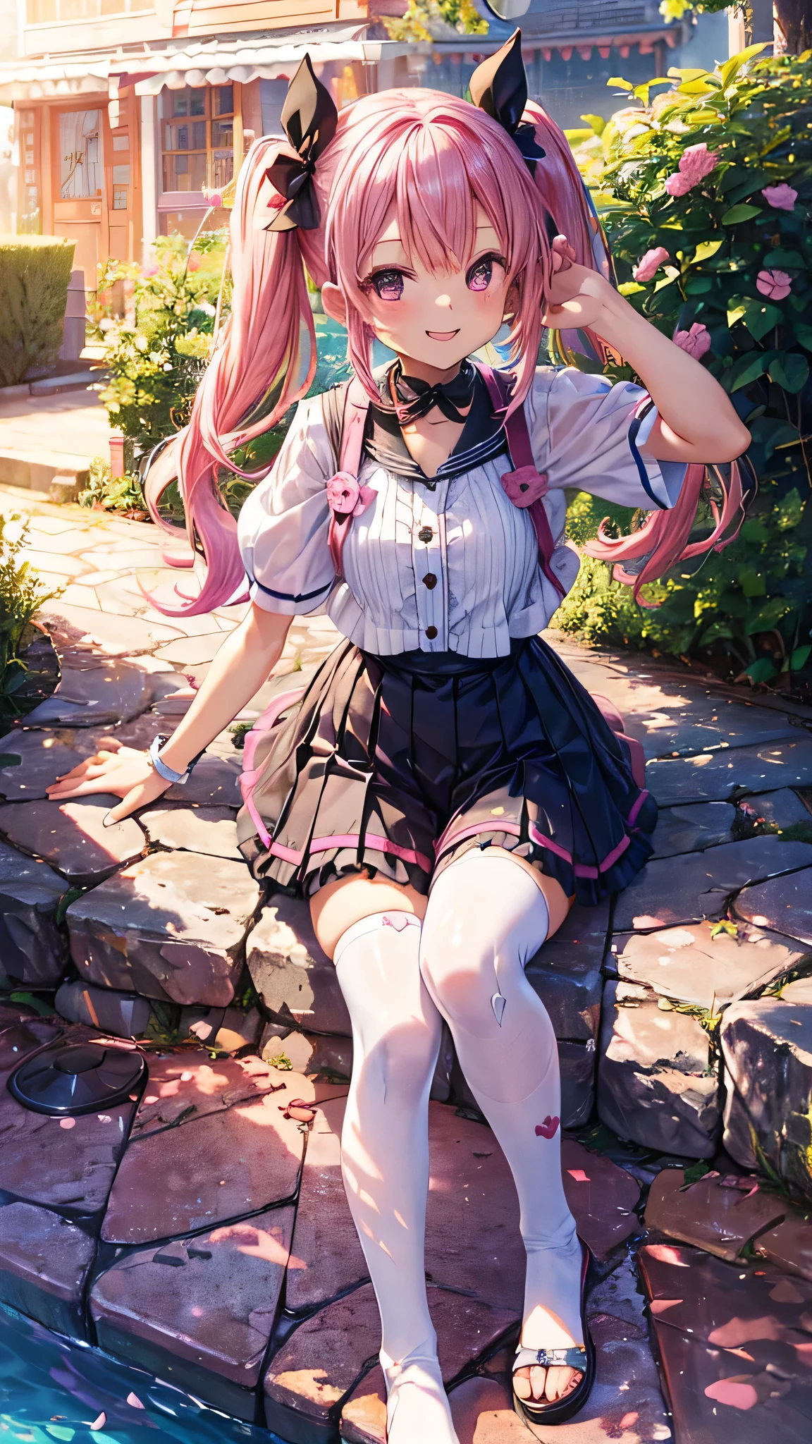 ((Mirimnava))、(A bright smile)、 (Pink Hair)Twin tails、(Cute Summer Clothes)(Black spats)
