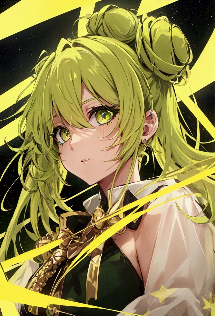 Upper half, hair in a bun, yellowish green hair, yellowish green eyes, stars in eyes, female,