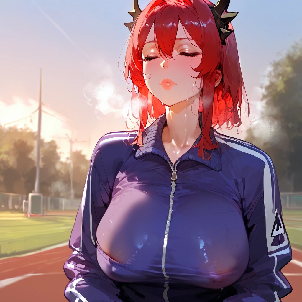 score_9, score_8_up, score_7_up, score_6_up,floox style,surtr, arknights, red hair,big breasts, sagging breasts,, , ,, jacket,straight-on, lips, , purple jacket, purple track suit, shiny, shiny skin, nipple slip, , sportswear, standing, steam, steaming body, sweat, sweatdrop, track jacket, track pants, track suit,, outdoors, , drinking water, , simulated facial, closed eyes, solo, face close-up, water on face
