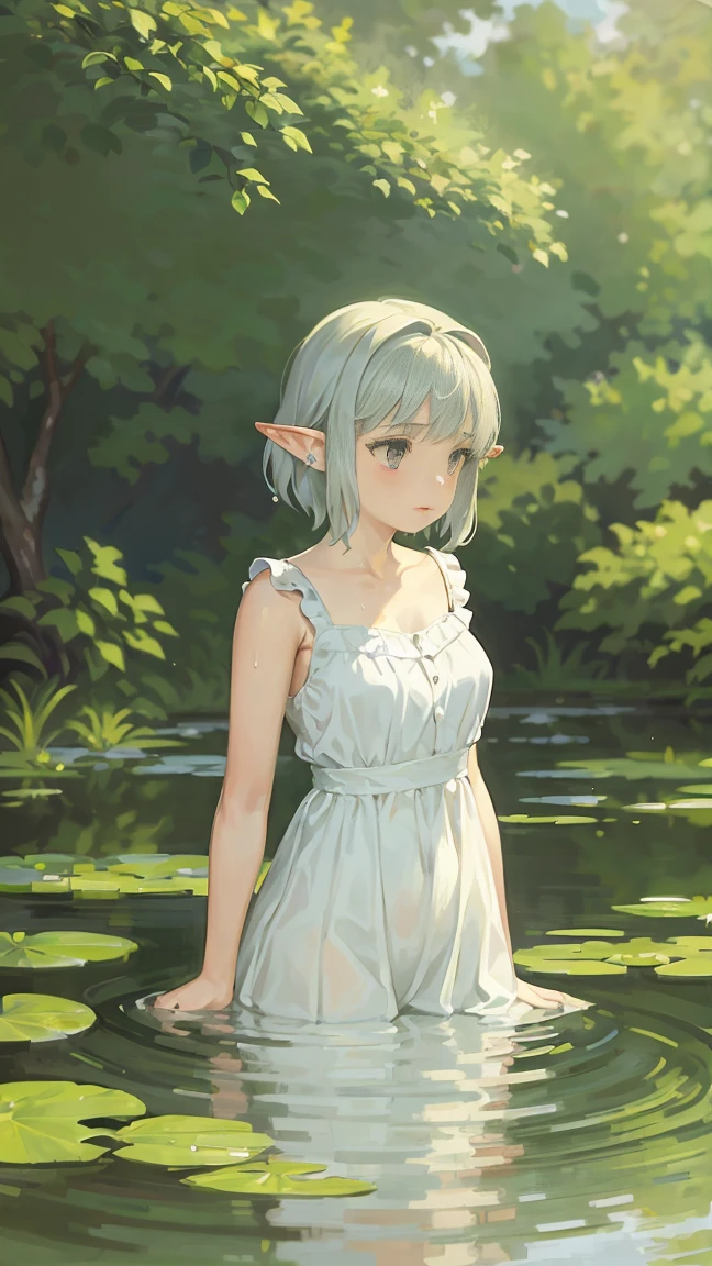 Claude Monet style, Impressionism, 1 Girl, Focus on upper body, (White camisole dress), , whole body, Silver short hair, pond, wet, ((Curtsey)), Elf ears, nipple through, transparent