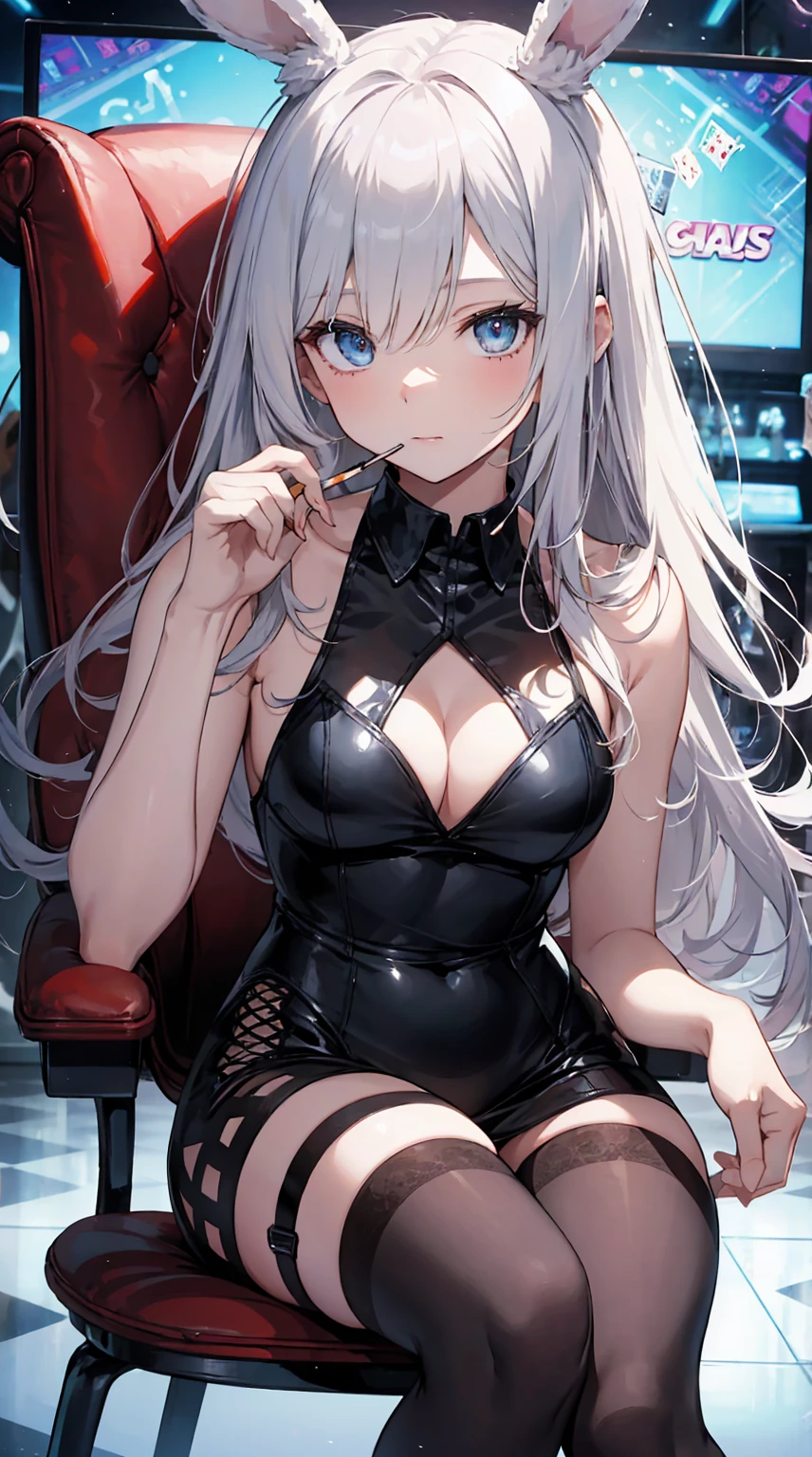 This illustration depicts a cute girl playing slots while smoking a cigarette. She has a cigarette in her hand and her eyes sparkle. The room has a futuristic feel with the walls colored like a casino. However, the most noteworthy thing is the "last mysterious high-energy body" she emits. This energy body released from her body has the power to obliterate the garbage in the store. The pale light reaches every corner of the room. She is sitting in a plush chair and is wearing a bunny girl outfit. I'm obsessed with the game.