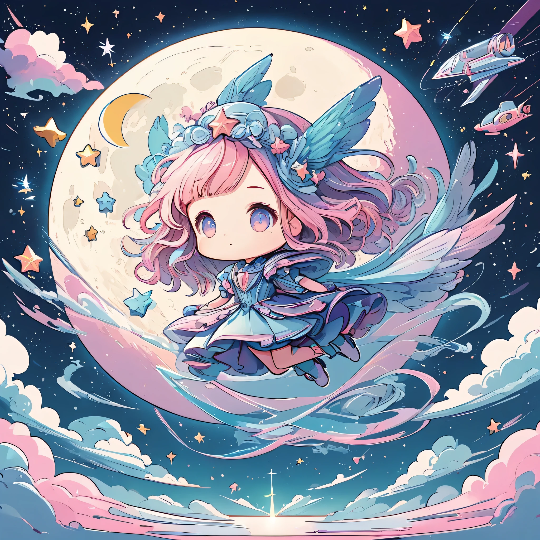 absurdres, (masutepiece:0.7), (best quality:1.3), 8k, 4k, (ultra-detailed, sharp focus:1.3), pastel colors illustration, magical realism, (girlish & feminine:1.0), (elegant atmospher:1.2), depth of field, chibi woman flying in the sky, small stars floating, moon light and star light, a beautiful artwork illustration, highly detailed Vector art, air brush illustration, in style of digital illustration, perfect structure,