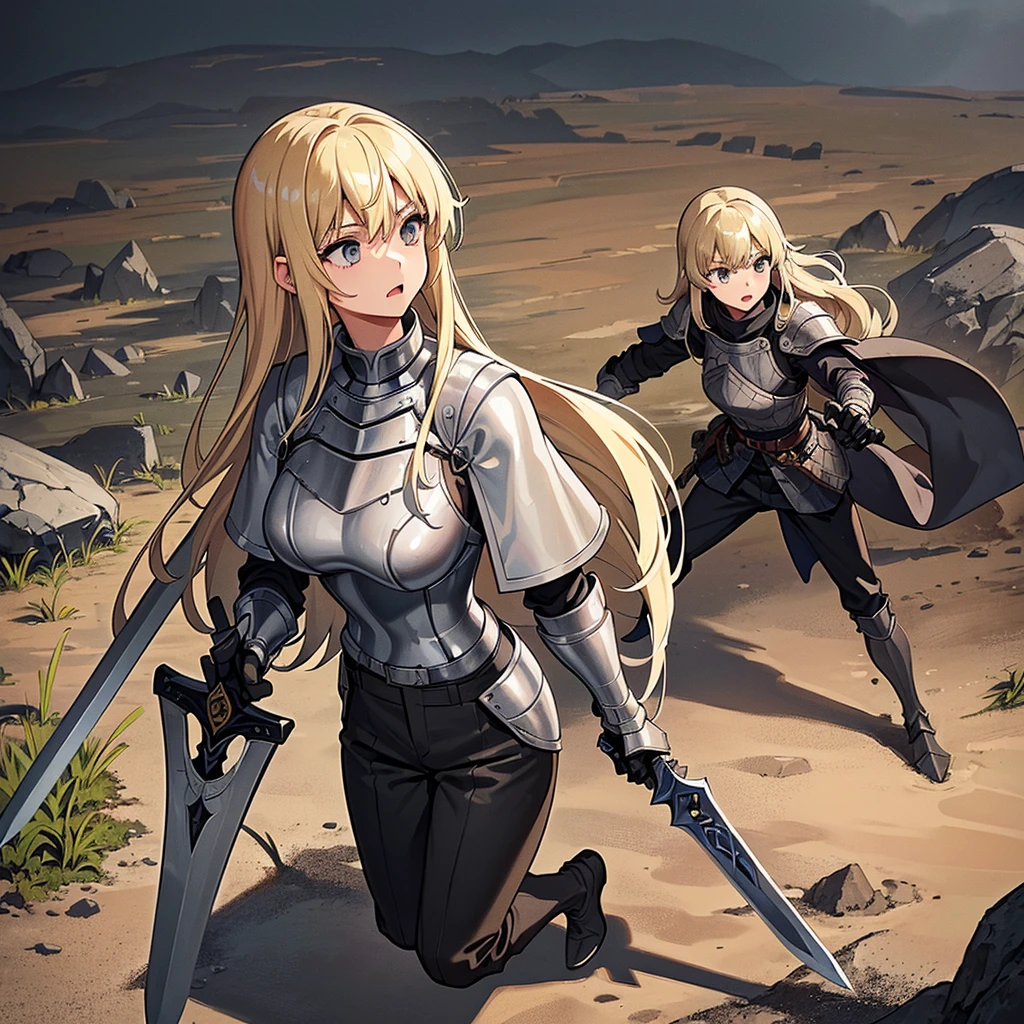 Best illustrations、Best Quality、(Full body character concept、detailed)、(((Simple grey armor、Black trousers、Black gloves、woman、18-year-old、Blonde、Long Hair)))、(((Grab the sword、Get Ready)))、(Old ruins、desert。Grass)、Fall to the floor、(Black, muddy swamp)、(中世の騎士が10 people)、(get annoyed、Open your mouth、shout)、(lots of medieval knights、10 people)、battlefield、(behindから、behind)、(White background)