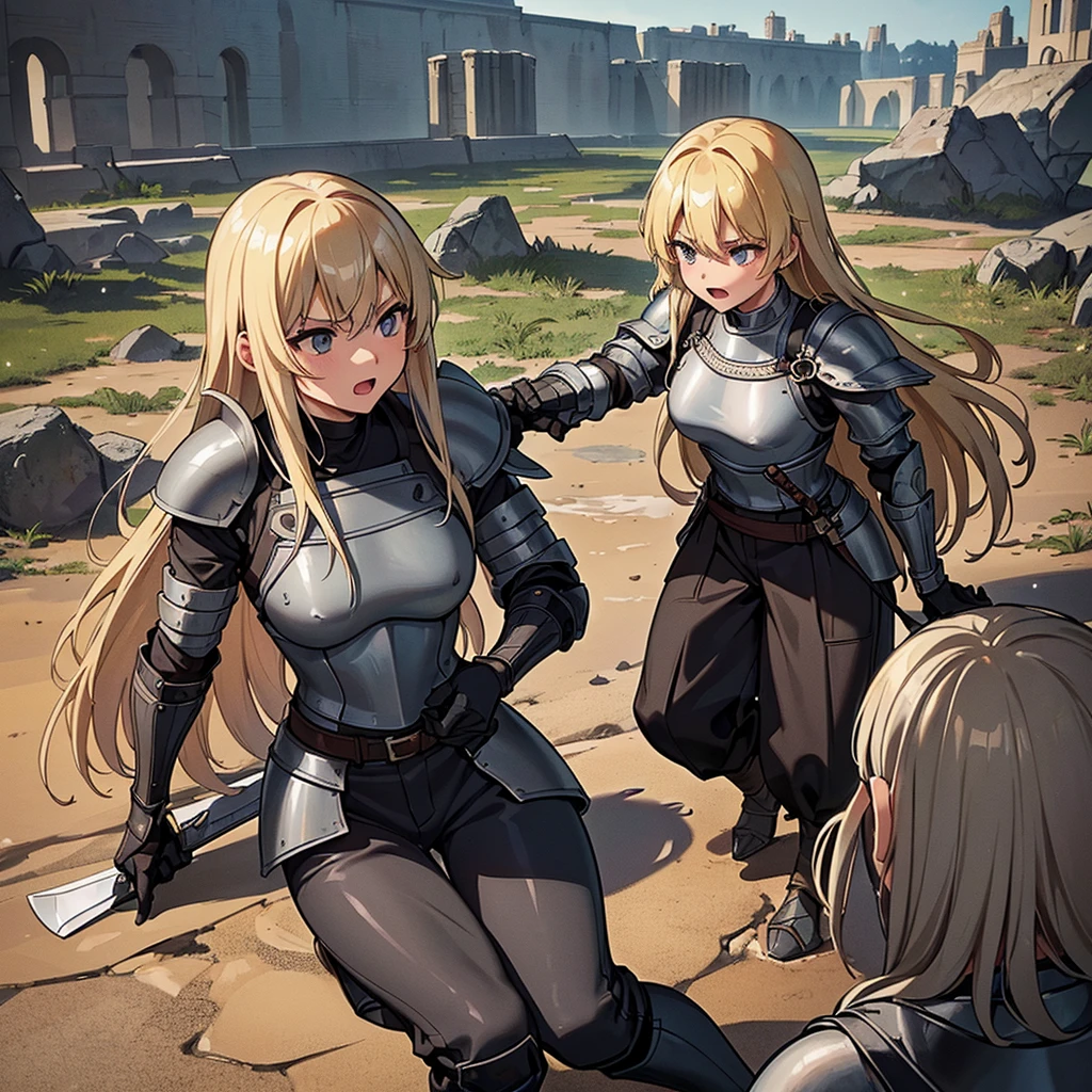 Best illustrations、Best Quality、(Full body character concept、detailed)、(((Simple grey armor、Black trousers、Black gloves、woman、18-year-old、Blonde、Long Hair)))、(((Grab the sword、Get Ready)))、(Old ruins、desert。Grass)、Fall to the floor、(Black, muddy swamp)、(中世の騎士が10 people)、(get annoyed、Open your mouth、shout)、(lots of medieval knights、10 people)、battlefield、(behindから、behind)、(White background)