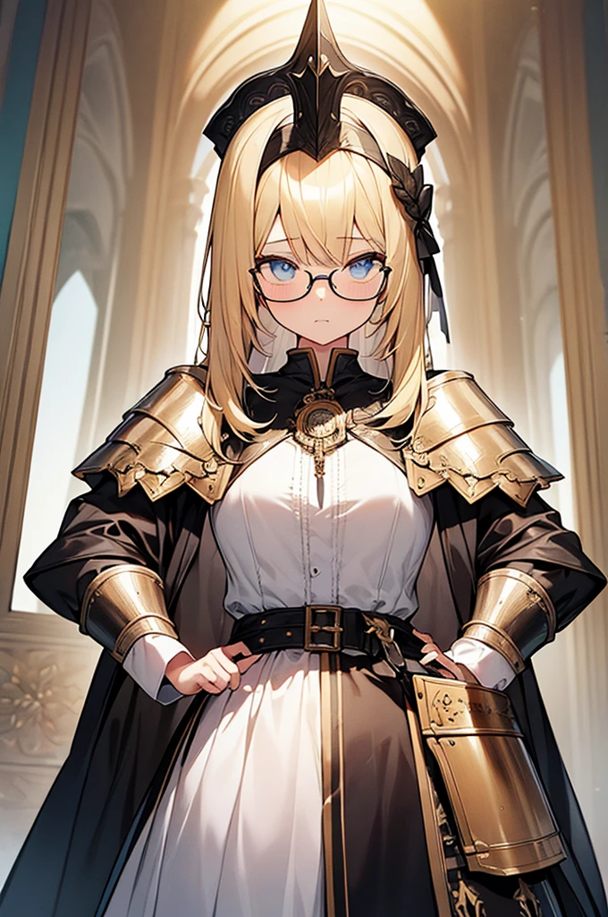 best quality, Masterpiece, Highly detailed, symmetrical eyes., girl, พื้นหลังที่Highly detailed, is gaining popularity (art station:1.46), exaggerate, movie light, studio quality, 8k resolution, long yellow hair,Wear glasses,Joan of Arc,Put on knight armor