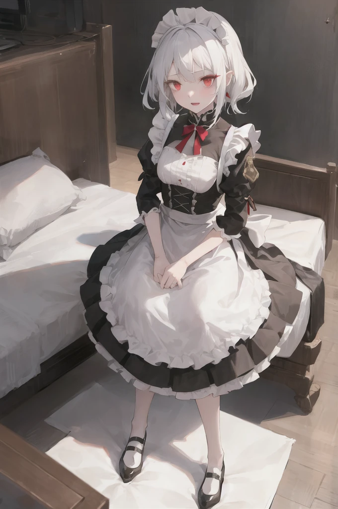 1girl, white hair, red eyes, straight hair, short, , small breasts, maid dress, ruffled dress, pale skin