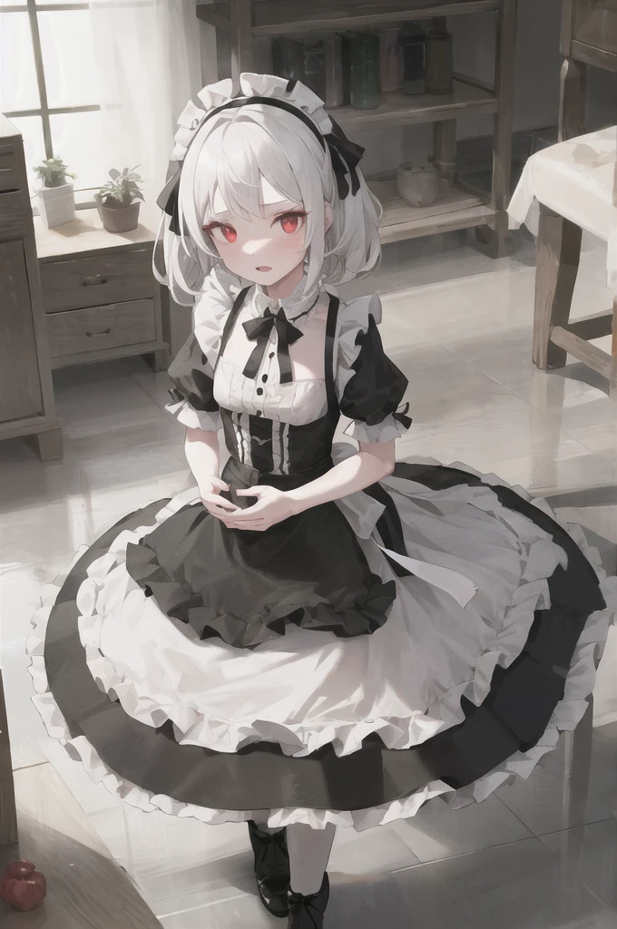 1girl, white hair, red eyes, straight hair, short, , small breasts, maid dress, ruffled dress, pale skin