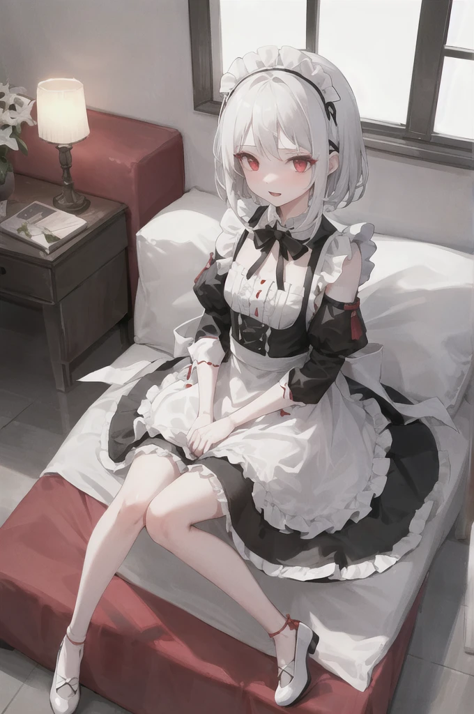 1girl, white hair, red eyes, straight hair, short, , small breasts, maid dress, ruffled dress, pale skin