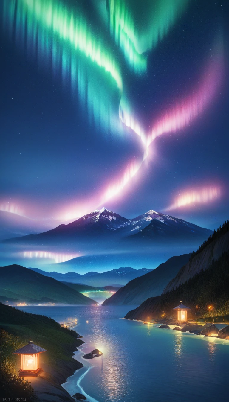 Beach view,Mountains and Water,Northern Lights in the sky,Stunning scenery风景,Iceland,dramatic aurora borealis,Northern Lights Background,Northern lights on background,Stunning scenery,With the Northern Lights in the sky,Landscape filled with northern lights,Scandinavian