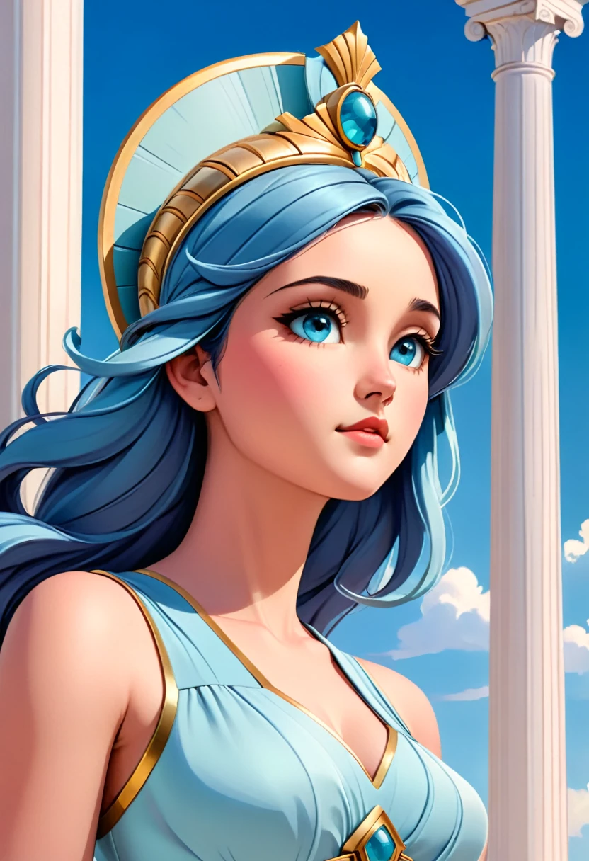 Beautiful Athena stands in the center of the image, depicted with a serene and wise expression.', 'She wears a modern outfit that combines contemporary design elements with classic details.', 'Her dress is elegant, with sober colors and intricate details .', 'Athena's face reflects wisdom and serenity, and her central presence in the image makes her the focal figure of the composition.', On the left side of the image, slightly towards the lower left corner, are columns classic.', 'These columns are designed with traditional architectural details, such as moldings and capitals, but blend seamlessly into the modern surroundings.', 'The columns add a classic touch to the scene, creating an interesting contrast with the modernity of the rest of the image.',On the right side of the image, slightly towards the lower right corner, are contemporary structures.', 'These structures have a modern design, with materials and shapes that reflect contemporary architecture.', 'The structures complement Athena's modern outfit, creating visual coherence in the image.',At the top of the image, slightly upward, is a clear sky.','The sky is clear and blue, without clouds, which which adds a sense of tranquility and serenity to the scene.', 'The clear sky provides a perfect background for the figure of Athena, highlighting her presence in the center of the image.',