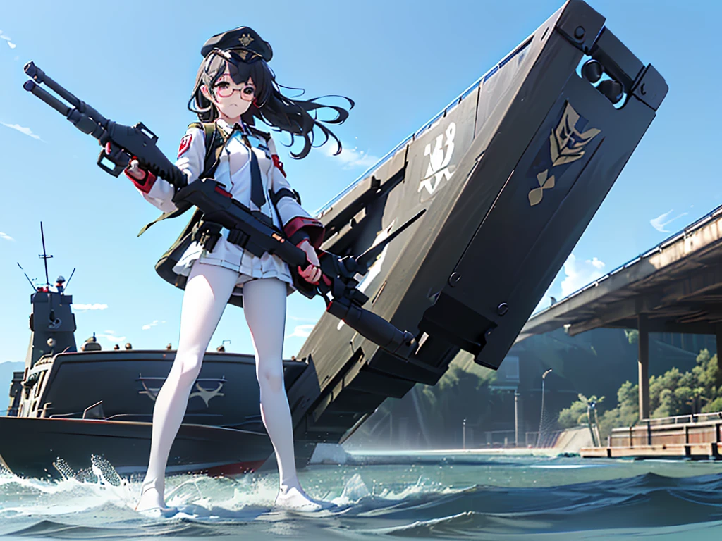 (((masterpiece, Vision))), ((((Full body of a woman with perfect flat chest、1 Female、solo、Short unkempt black hair、Tie your messy hair at the nape of your neck、white military jacket、Miko costume、black tights、Black glasses are black、White military cap、Cloudy black eyes、Confused eyes、Junyo-inspired emblem)))), (((Shipgirl))), ((Floating on the morning sea with both feet)), (Standing with your legs apart)), Aim, (Hold the shotgun turret grip with your right hand), (Four mechanical tentacles covered in white armor extend from its back.), (Holding a shotgun with metal tentacles), (Equipped with a bridge on the back), (His left arm holds the grip of a triple-barreled shotgun),