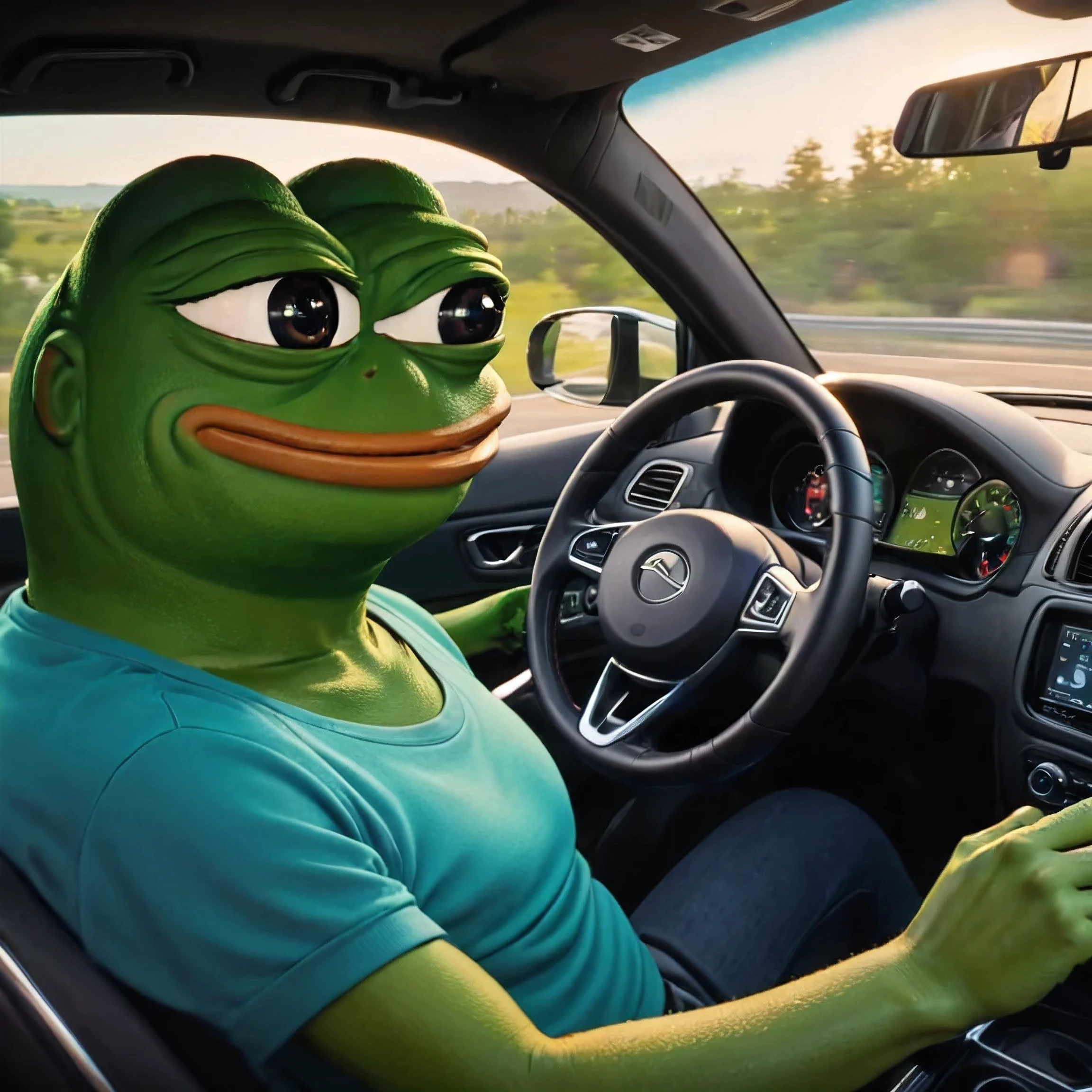Pepe the frog, driving with friends, 1frog, 2friends, car interior, detailed dashboard, steering wheel, animated style, vibrant colors, (best quality,4k,8k,highres,masterpiece:1.2),ultra-detailed,(realistic,photorealistic,photo-realistic:1.37)