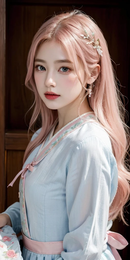 (finely detailed beautiful eyes and detailed face,masterpiece sidelighting,masterpiece,best quality,detailed,high resolution illustration),, (1girl,whole body,bishoujo,lustrous skin,looking down,looking at viewer),, (pink hair,blue eyes,ribbon,hanbok, korean clothes), (clothed_underbust:1.2),underboob,