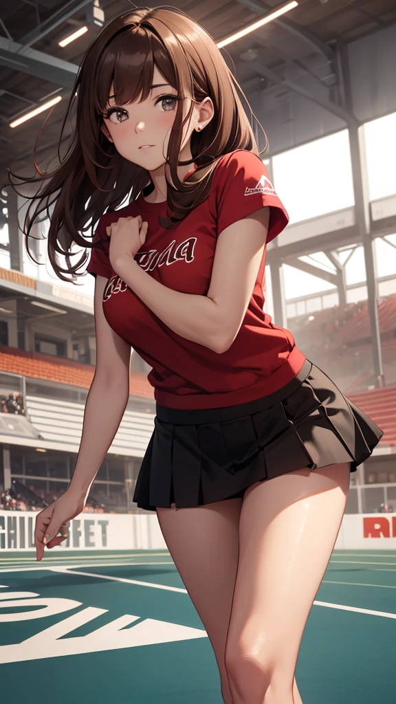 8k, beautiful woman, brown hair, full body, red shirt, black mini skirt, bare legs, bare arms, background race track in the distance