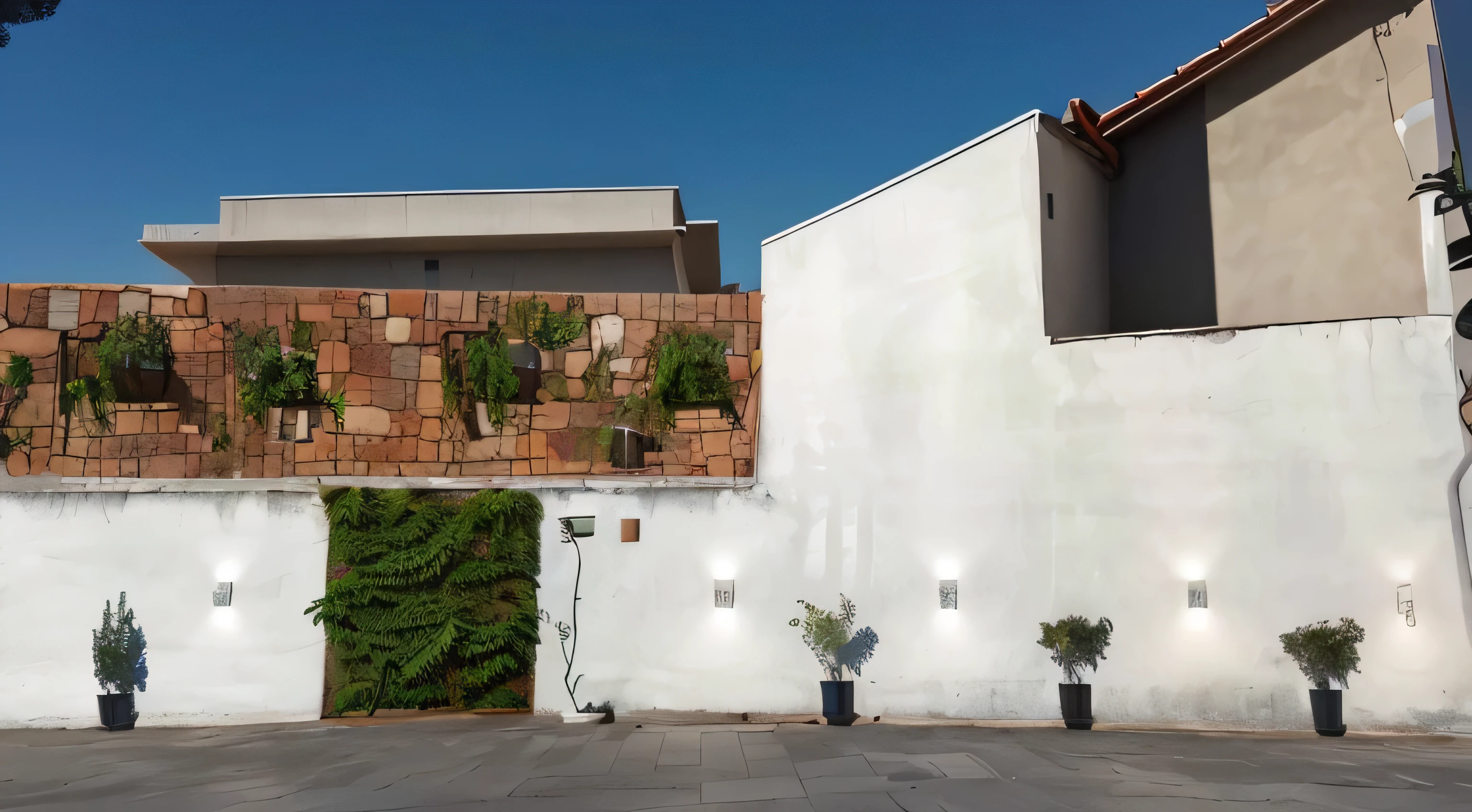 
A white wall, pots with plants and ferns, gray floors, a light post, red stones on the wall.