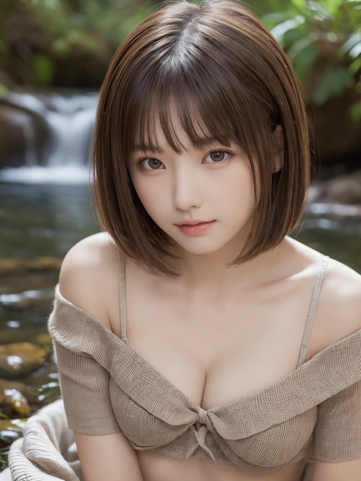 One Girl, (beautiful girl, Delicate girl:1.3), (:1.3),
break, (string、Off-the-shoulder tops:1.2),
break, (Small waterfall background:1.2),
break, Very beautiful eyes, (Symmetrical eyes:1.3),
break, (Big Breasts:1.3), Brown eyes, Parted bangs, Brown bob cut hair, Round face, cute,
break, (Eye and facial details:1.0),
break, (masterpiece, Highest quality, Very detailed, Detailed face, 8K)