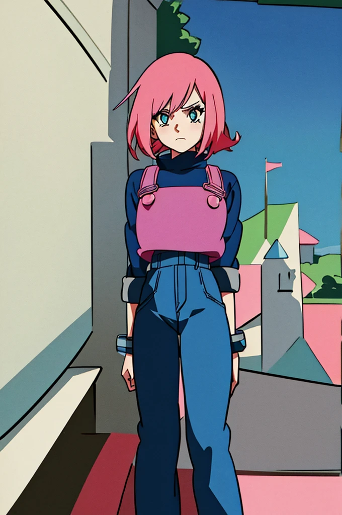 13 year old girl Anime Shonen Style Design,retro clothes, bizarre creative design, short bright pink hair, blue sky eyes,  shonen style outfit