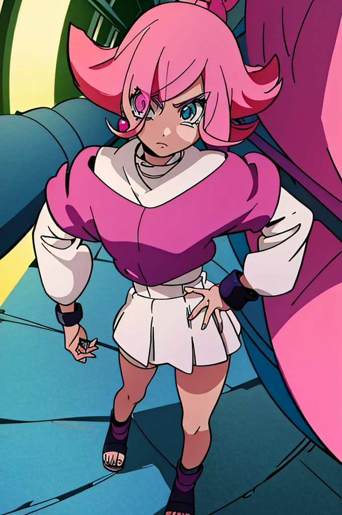  girl Anime Shonen Style Design,retro clothes, bizarre creative design, short bright pink hair, blue sky eyes,  shonen style outfit