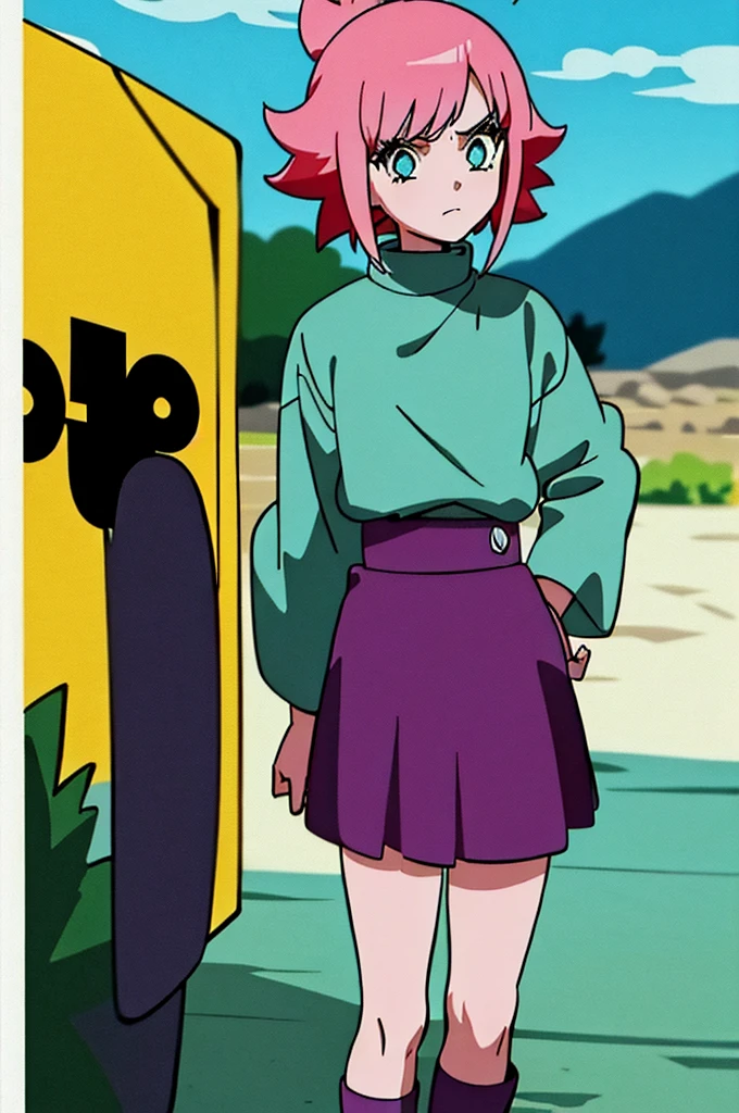 13 year old girl Anime Shonen Style Design,retro clothes, bizarre creative design, short bright pink hair, blue sky eyes, shonen style outfit