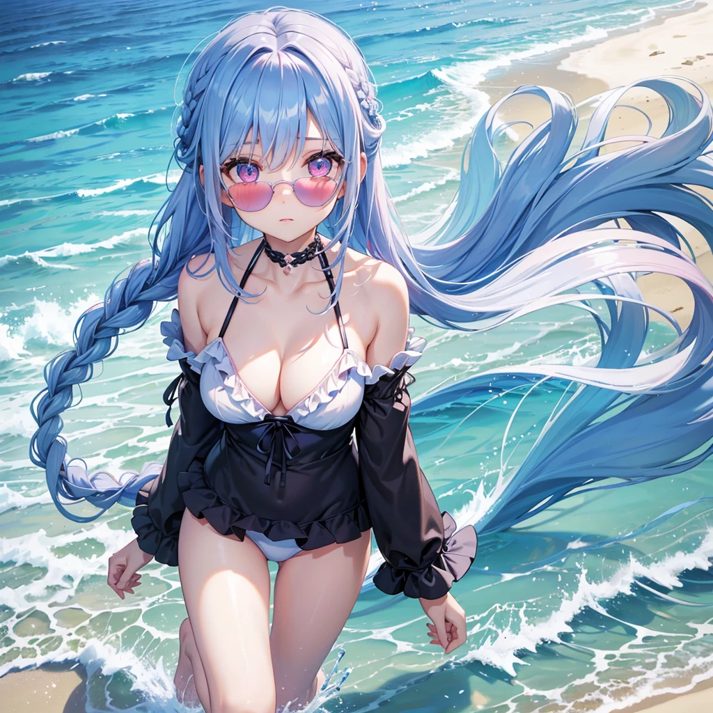 (Sky blue medium hair),(Braided hair tied together)、Pink eyes、Fair skin、(whole body)、(One Girl)、Black frilly swimsuit、Stylish sunglasses、Shining white sand beach in midsummer、Okinawa's ocean、A big smile、、(masterpiece、Highest quality、Very detailed、Best Shadow)、(Detailed Background)、(Beautifully detailed face)、High contrast、(Best lighting、Very delicate and beautiful)、((Cinematic Light))、colorful、Hyper Detail、Dramatic Light、Exquisite detail、Standing with your legs apart