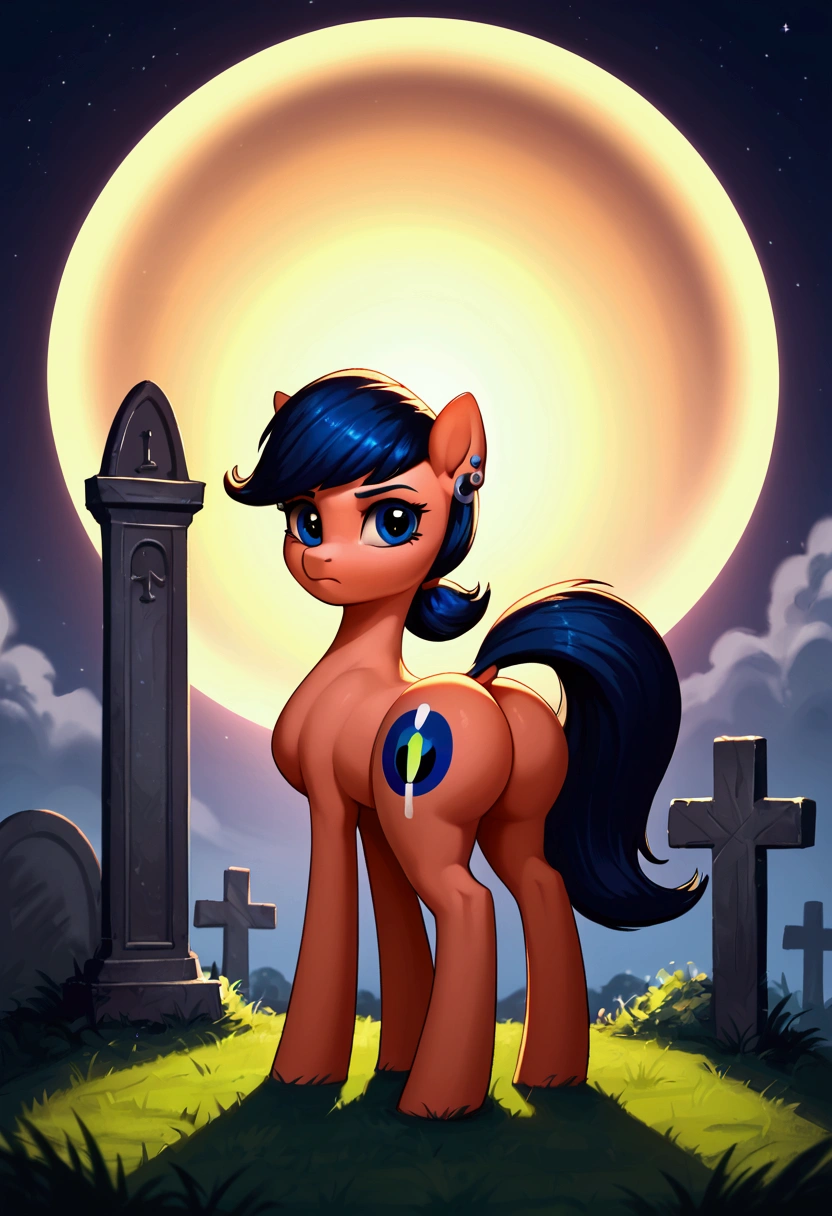 score_9,score_8_up,score_7_up,score_6_up, ((my little pony)), radiant lighting, vibrant colors, whimsical atmosphere, 8K, high resolution, highly detailed, masterpiece, behind view, earrings, (stern look), tombstone cutie mark, goth cutie mark, (breasts), big butt, on the tombstone, ((pony body)), (((Marinette Dupain-Cheng)))