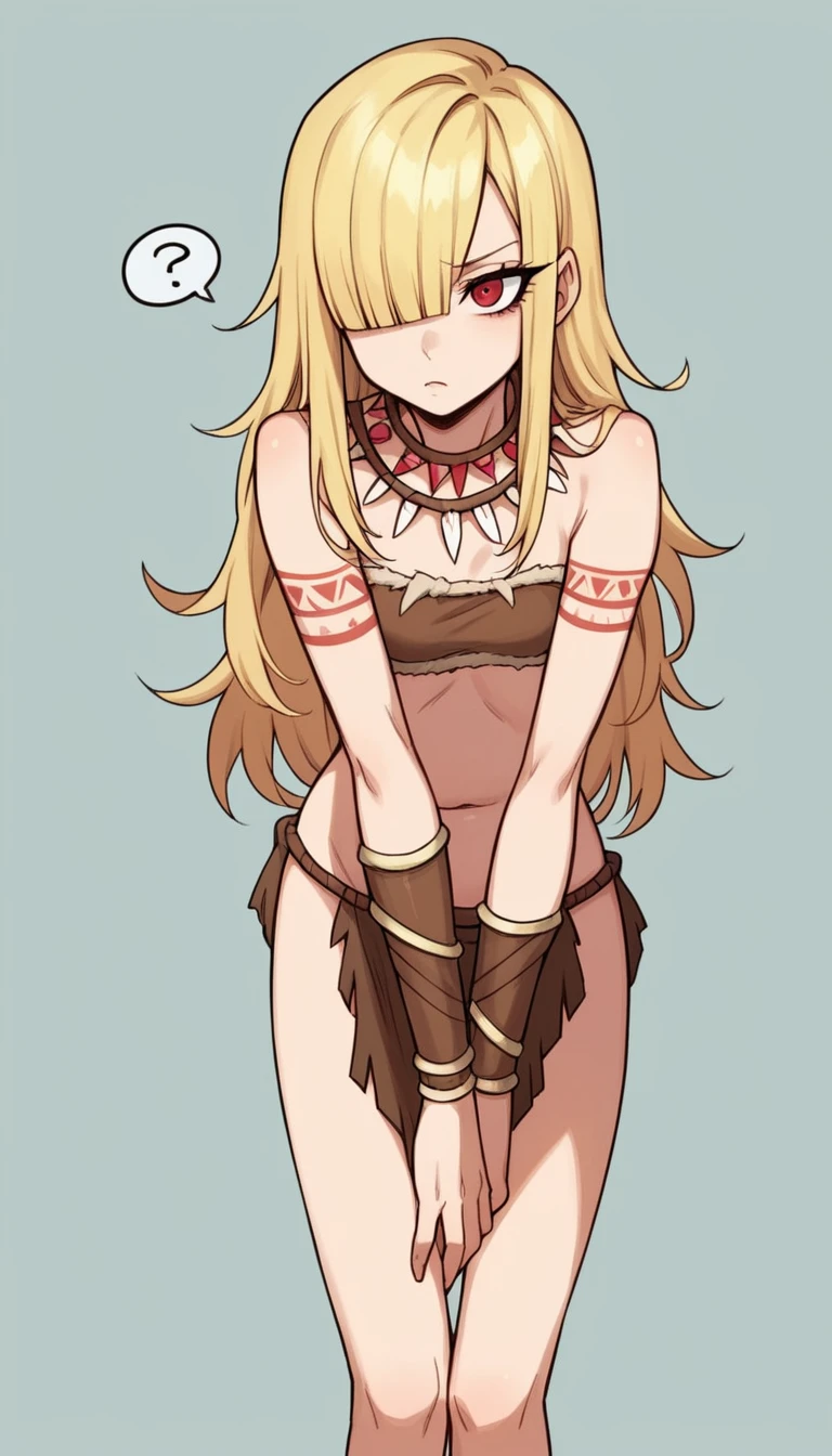 score_9, score_8_up, score_7_up, score_6_up, score_5_up, score_4_up, BREAK 1girl, blonde hair, loose hair, swept bangs, red eyes, long eyelashes, confused expression, bent over, blunt bangs, short, BREAK solo, small breasts, skinny, arched back, thigh gap, tribal princess outfit, innocent, lovely, adorable, long hair, hair covering one eye,