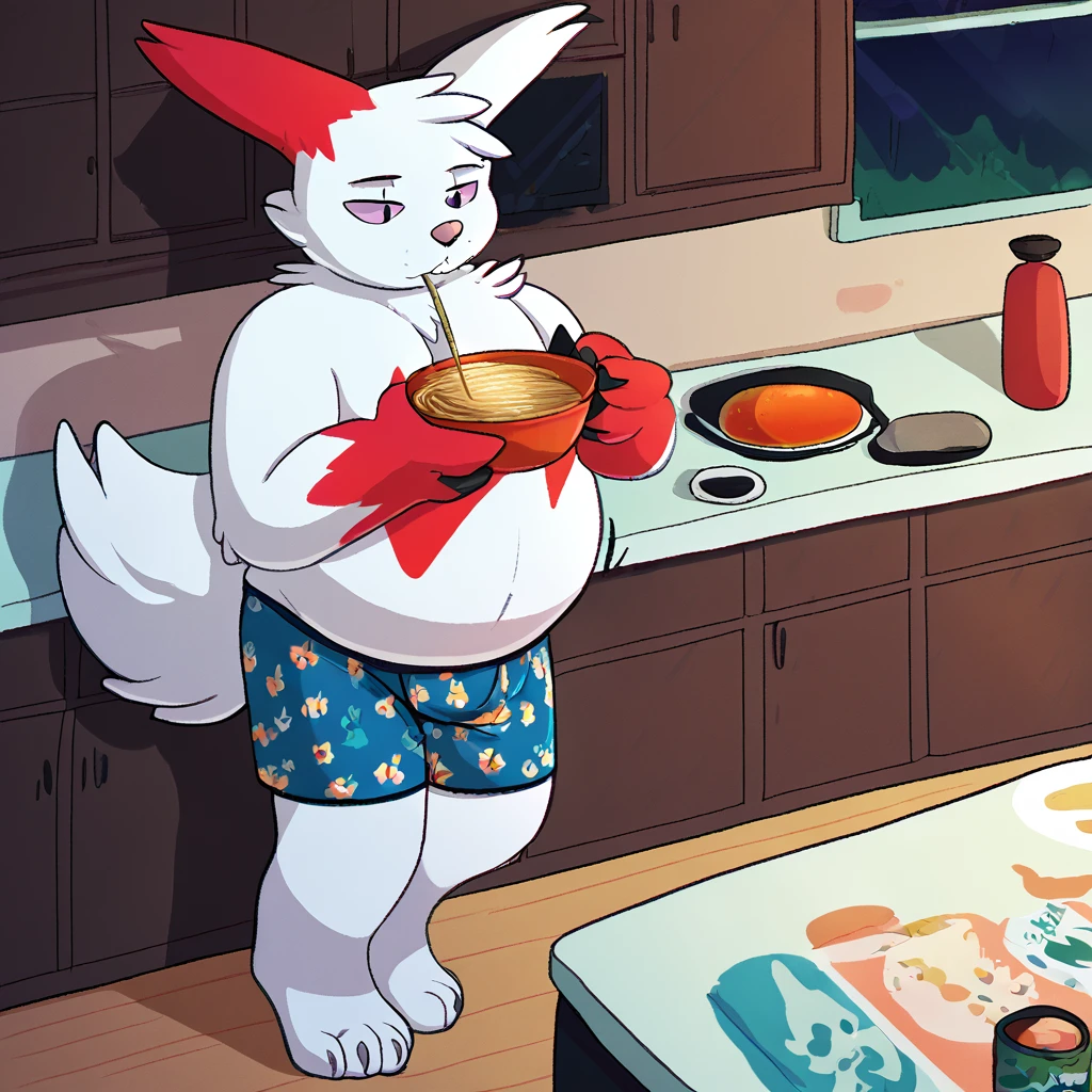 score_9_up, solo, male Zangoose, anthro, male, pokemon, pokemon \(species\), generation 1 pokemon, shirtless, boxers, eating a cup of noodles, tired, kitchen, nighttime, inflating, blimpbelly